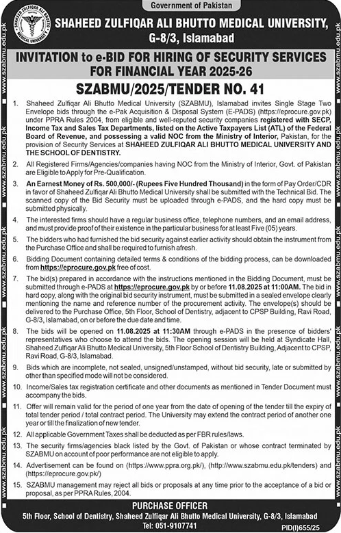 Shaheed Zulfiqar Ali Bhutto Medical University Islamabad Tender Notice